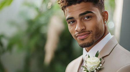 A stylish groom in a beige suit with a delicate white rose boutonniere, looking confident.の素材