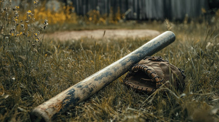 A split wooden baseball bat laying in the grass, with a worn ball glove nearby and a faded baseball diamond in the backgroundの素材