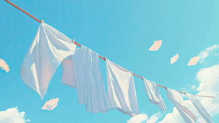 A washing line with white towels, linens, and shirts hanging under a clear blue sky, gently moving in the wind, evoking a sense of cleanlinessの素材