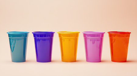 A variety of plastic cups in bold colors, standing side by side on a smooth surface with a neutral background.の素材