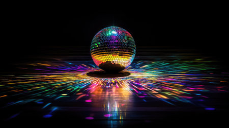 A spinning holographic disco ball scattering rainbow lights on a dark dance floor.の素材