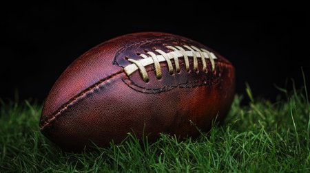 A vintage leather football resting on green grass, with a moody black background.の素材