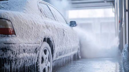 A vehicle covered in white soap foam at a car wash, with a soft sponge scrubbing away the dirt, leaving the car spotlessの素材