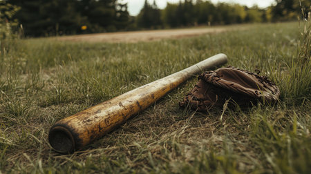 A split wooden baseball bat laying in the grass, with a worn ball glove nearby and a faded baseball diamond in the backgroundの素材