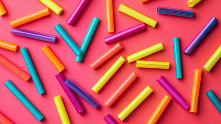 A vibrant, playful scene featuring brightly colored drinking straws scattered across a table.の素材