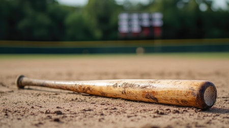 A snapped wooden baseball bat lying on a dusty sports field, with a blurred scoreboard in the backgroundの素材