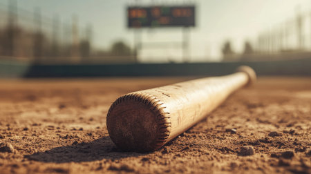 A snapped wooden baseball bat lying on a dusty sports field, with a blurred scoreboard in the backgroundの素材