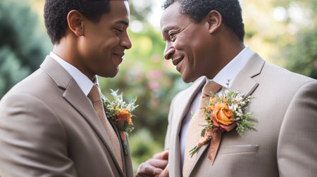 A warm moment between the groom and his father, both wearing matching boutonnieres.の素材