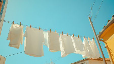 A washing line with white towels, linens, and shirts hanging under a clear blue sky, gently moving in the wind, evoking a sense of cleanlinessの素材