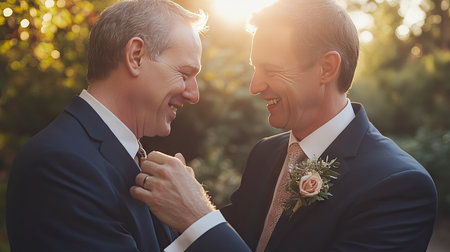 A warm moment between the groom and his father, both wearing matching boutonnieres.の素材