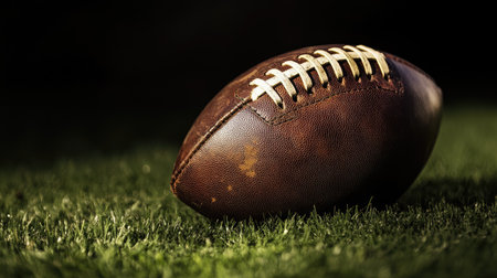 A vintage leather football resting on green grass, with a moody black background.の素材