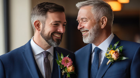 A warm moment between the groom and his father, both wearing matching boutonnieres.の素材