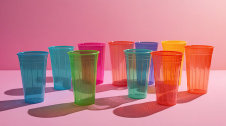 A vibrant mix of plastic cups in shades of red, orange, green, and blue, isolated on a solid backdrop.の素材