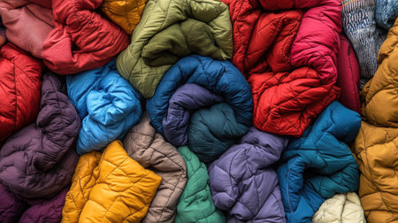 A well-organized pile of colorful winter jackets, each showcasing its softness and warmth, in a retail setting.の素材