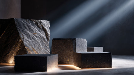 High contrast lighting on black stone podium fragments, modern product display sceneの素材