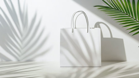 A white blank shopping bag mockup with shadows, creating a professional presentation look.の素材