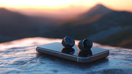 A pair of wireless earphones on a smartphone with a landscape view in the backgroundの素材