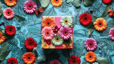 A brightly colored gift box with fresh multicolored gerberas and carnations arranged in a playful pattern, placed on a festive backdropの素材