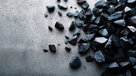 Broken black stones spread across a smooth concrete background, moody and minimalistic lookの素材