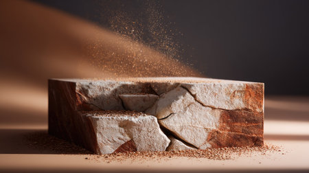 Desert-themed stone podium with natural cracks and scattered dust, warm earthy tonesの素材