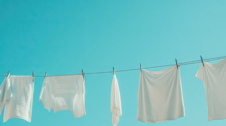 A washing line with white towels, linens, and shirts hanging under a clear blue sky, gently moving in the wind, evoking a sense of cleanlinessの素材
