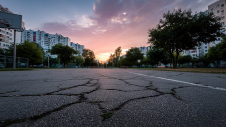 Empty neighborhood basketball court with urban backdrop, slightly cracked surface and painted linesの素材