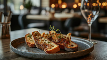 A warm and inviting presentation of garlic bread slices on a ceramic plate, perfect for sharing.の素材