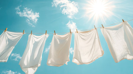 A row of white clothes drying on a clothesline, gently swaying in the wind under a bright sunny sky, symbolizing freshness and cleanlinessの素材