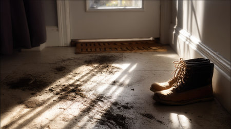 Dirty shoe marks from mud scattered across an otherwise spotless floor, creating contrast and tensionの素材