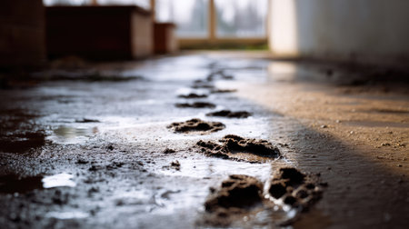 Dark muddy footprints leading across a floor, implying a rushed or careless walk indoorsの素材