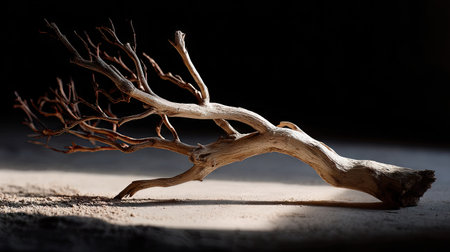 Dry skeletal branch diagonally placed across a dim background, suggesting decay and passage of timeの素材