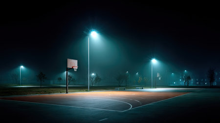 Empty basketball court at night lit by overhead lamps, with dramatic contrast and deep shadowsの素材