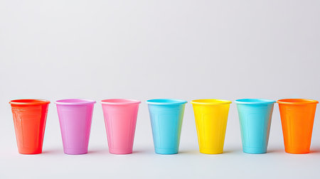 A selection of bright plastic cups arranged neatly in rows, isolated against a clean, light background.の素材