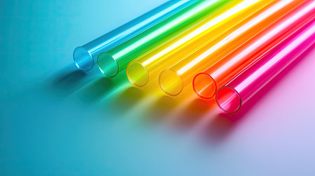 A set of rainbow-colored drinking straws with bright, bold colors on a light table.の素材
