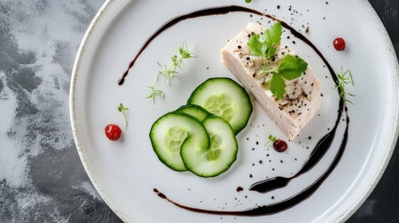 A clean, minimalist plate with gourmet canned tuna, sliced cucumber, and a drizzle of balsamic glaze.の素材