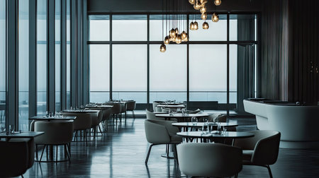 A chic, minimalist luxury dining area with modern seating, a minimalist chandelier, and floor-to-ceiling windows offering stunning views.の素材