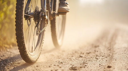 A close-up of a gravel bike's tubeless tires, covered in light dust from the road.の素材