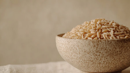 A close-up image of dry brown short-grain rice, captured in a simple ceramic bowl against a neutral backdrop.の素材