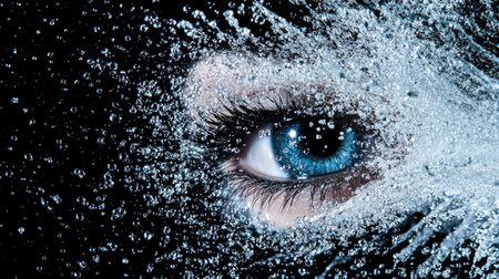 A chaotic burst of water colliding, sending droplets flying in all directions on a black backdrop.の素材