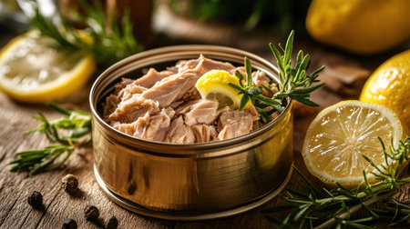 A close-up of an open can of tuna on a wooden table, surrounded by fresh herbs and lemon slices for a gourmet meal.の素材