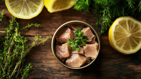 A close-up of an open can of tuna on a wooden table, surrounded by fresh herbs and lemon slices for a gourmet meal.の素材