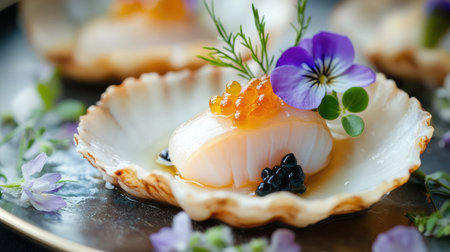 A close-up of a gourmet scallop, decorated with fresh flowers and a dot of caviar, placed on a chic, fine dining plate.の素材