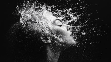A chaotic burst of water colliding, sending droplets flying in all directions on a black backdrop.の素材