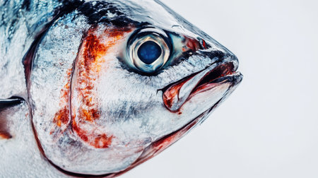 A close-up of fresh tuna fish, showcasing its bright red meat against a clean white background.の素材
