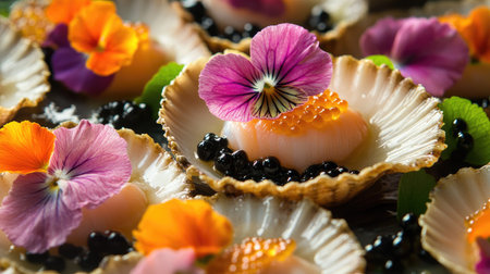 A close-up of a gourmet scallop with vibrant flowers and a sprinkle of caviar, perfect for fine dining.の素材