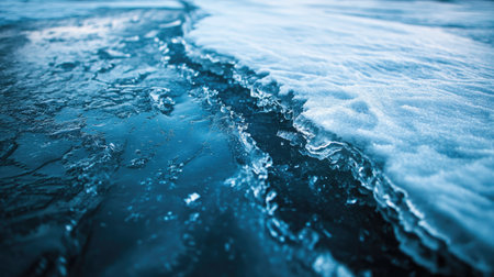 A close-up of a deep ice crack on a frozen lake, showing stunning textures and depth.の素材