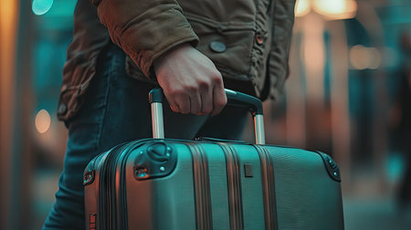 A close-up of a man's hand clasping a suitcase handle with determination, capturing the excitement of a new adventure.の素材