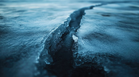 A close-up of a deep ice crack on a frozen lake, showing stunning textures and depth.の素材