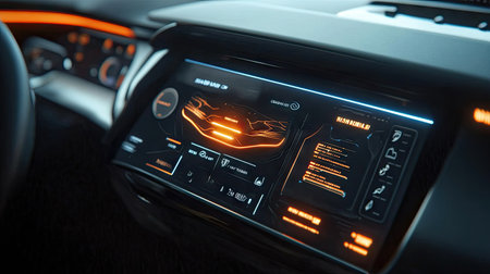 A close-up of an electric car's digital display showing battery health, energy efficiency, and eco-friendly features.の素材