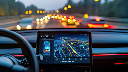 A close-up of an advanced vehicle's navigation system, showing real-time data and smart traffic control.の素材